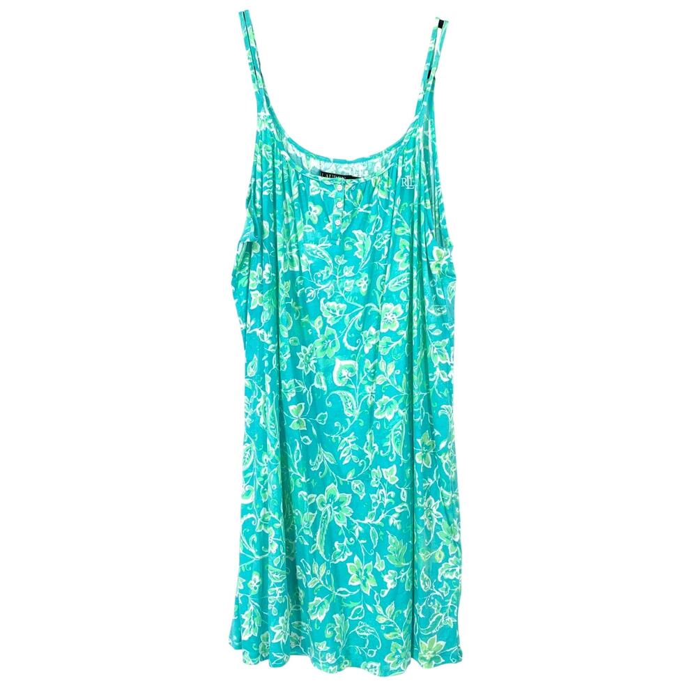 Lauren Ralph Lauren Nightgown Women XL Turquoise Floral Spaghetti Strap 3 Button